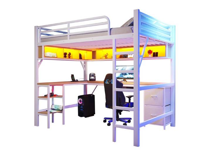 Flieks Hochbett Kinderbett Metallbett 140x200cm mit Regal Schreibtisch Aufladen