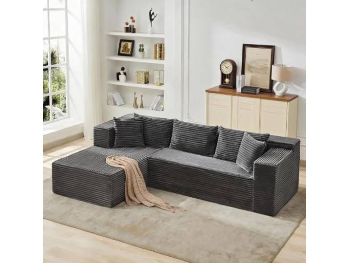 IDEALHOUSE Modulares Ecksofa Cloud 270 cm Linker, Cordbezug 25 mm Grau Modulares L Ecksofa links im Cloud-Design vakuumkomprimierte Lieferung, Flexible umstellbare Module, pflegeleichter Stoff