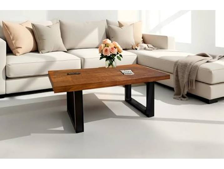 SAM Couchtisch Nadia 100x55 cm Mangoholz Honig, gerade Kanten massiv, U-Gestell Metall Schwarz, pflegeleichter Sofatisch mit geraden Kanten