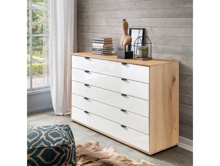 Enfilade avec 5 tiroirs 141 x 86 x 43cm Blanc/Marron/Blanc Chêne