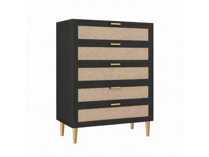 IDEALHOUSE Rattan-Kommode mit 5 Schubladen, schmal & hoch (44'') - Boho/Farmhouse Holz-Schubladenschrank mit Metallbeinen & Griffen - Stauraum fürs Schlafzimmer/Wohnzimmer - Farbe: Schwarz