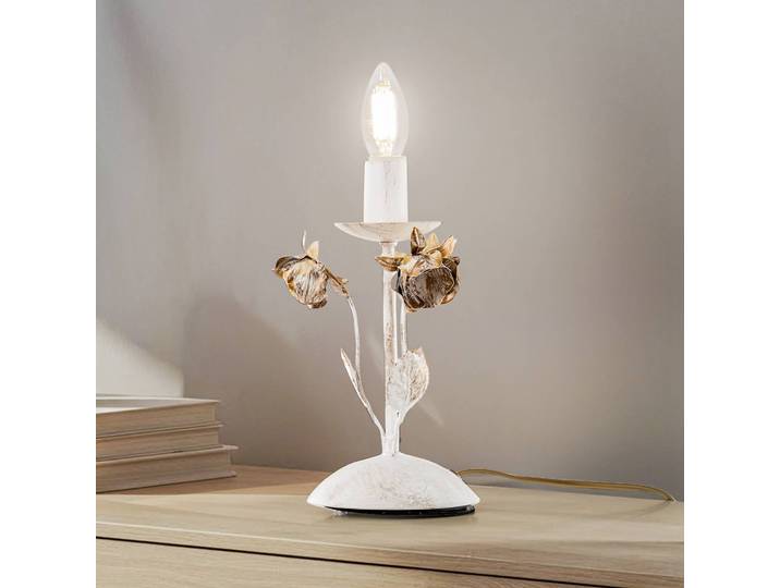 Tischleuchte Carolina, elfenbeinfarben, 1-flammig, Eisen Carolina ONLI, weiß / opal, für Wohn- / Esszimmer, Metall, Florentiner, Tischlampe