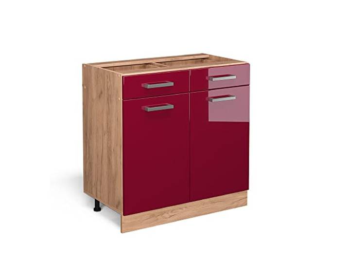 Vicco Küchenunterschrank R-Line , Rot Hochglanz, 80 cm 2 Schubladen · Ohne Arbeitsplatte · Höhenverst. Füße · 2 Türen · Leichter Zugriff