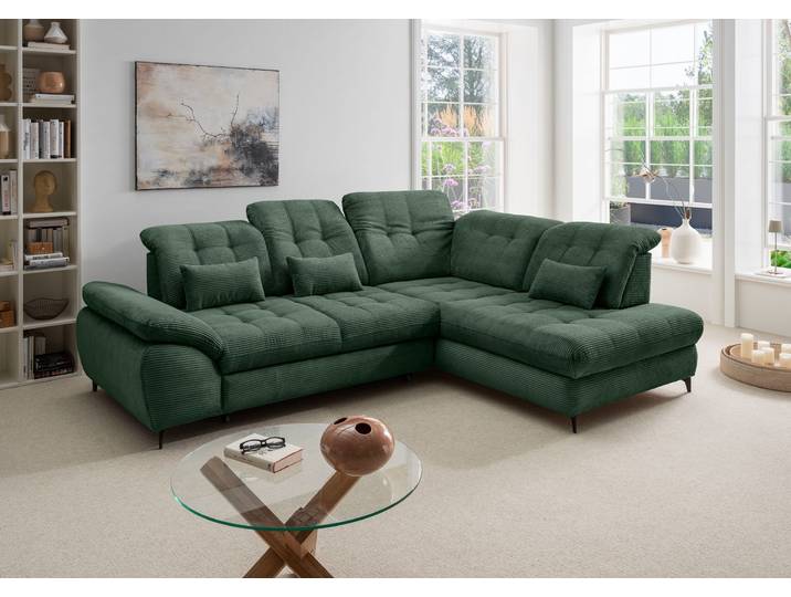 Ecksofa GOODPRODUCT Delphino modern & bequem, Multifunktionen: Bettfunktion, 288cm , grün (silber, zierkissen silber), B:255cm H:94cm T:216cm, 93% Polyester, 7% Polyamid, Sofas, Ecksofa, zwei verschiedene Fussfarben wählbar