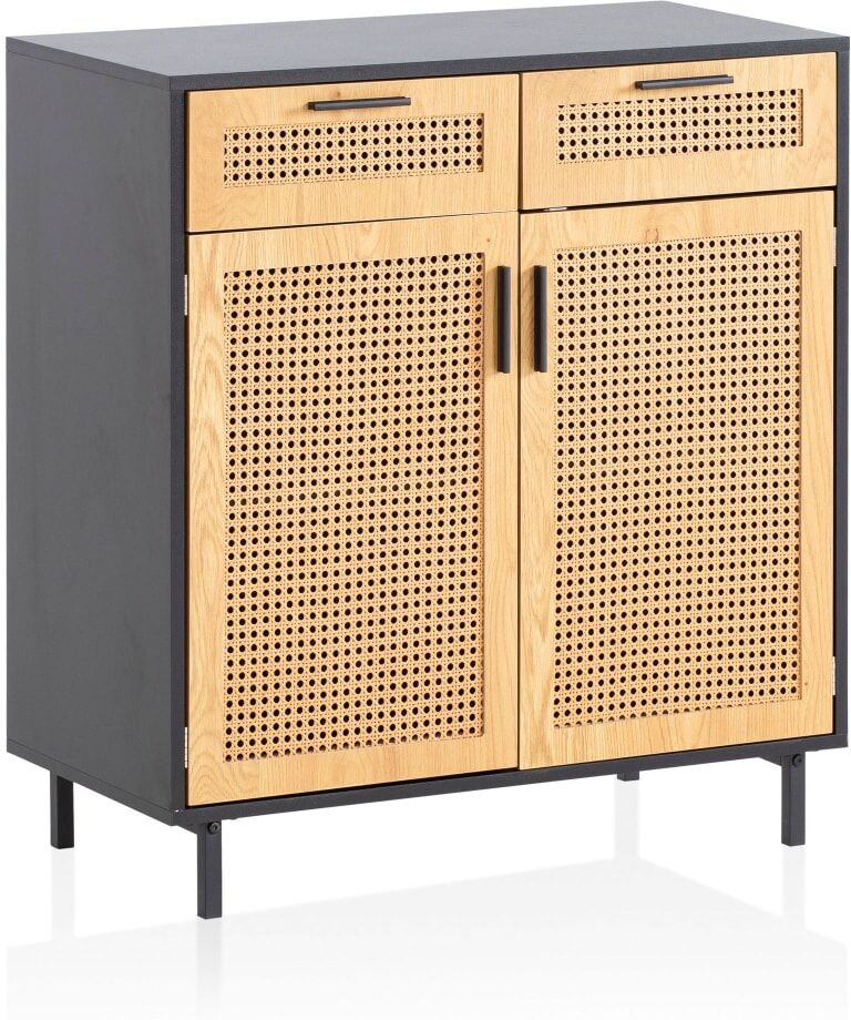FineBuy Buffet à 2 tiroirs, cannage viennois en aggloméré, marron Noir 80x87x40cm