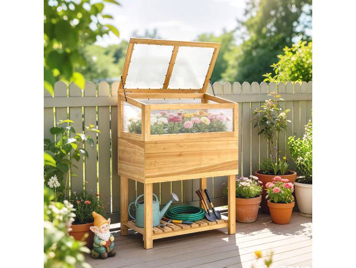 Outsunny Bac Surélevé en Bois avec Serre et Étagère Ergonomique