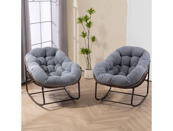 Fauteuil Bascule Rotin Synthétique Gris Rocking Chair FloraGrace Pour Jardin Ou Salon Coussin Rembourré 106x90x78cm