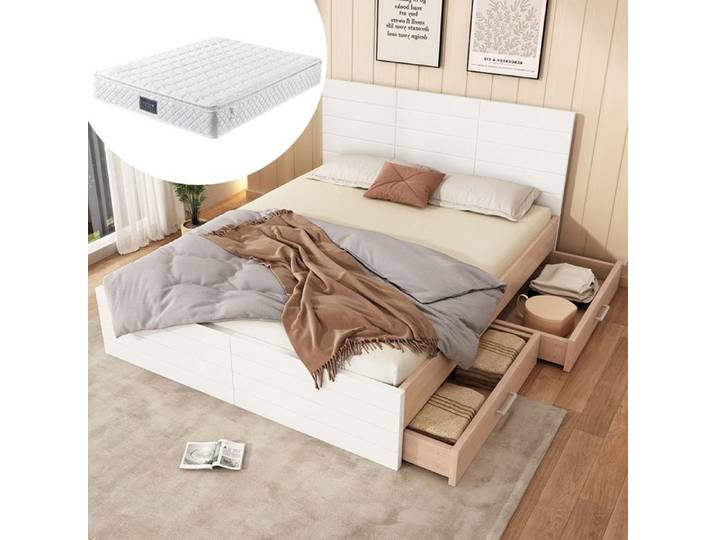 Lit adulte - YEHTOKHOME - Lit 140x200 cm - Matelas inclus - 2 tiroirs - Sommier à lattes