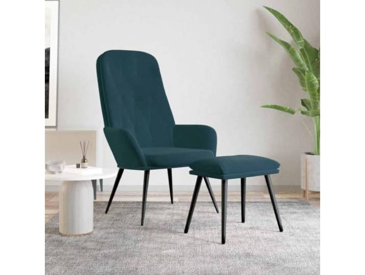 Relaxsessel mit Hocker Blau Samt Metallgestell Weicher Samt,dichter Flor,dekorative Linien und Punkte,Montageanleitung in der Verpackung