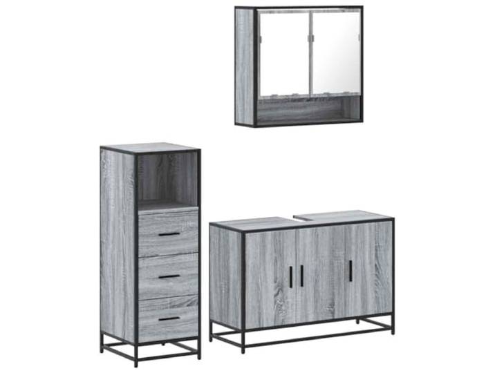 GHVBNMF 3-TLG Badmöbel-Set mit Spiegelschrank Grau Sonoma Metall Dreiteilige Badezimmermöbel Kombination aus Unterschrank, Wandspiegel und Beistellschrank für geordneten Stauraum.