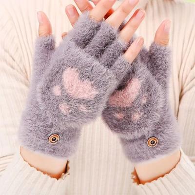 Perfect Picks Market Warm Cat Claw Paw Plush Mittens For Women Soft Fingerless Winter Gloves, Cozy And Cute gray