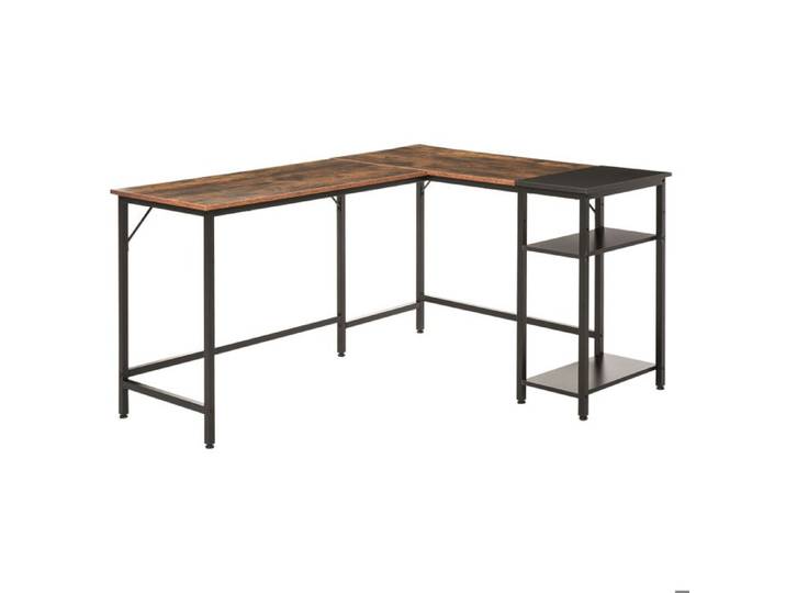 Bureau d'angle style industriel Bois et Métal Noir 150x120x75cm avec étagère réglable