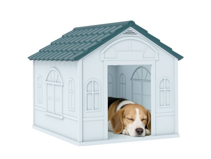 Nichoir pour chien Pawhut avec fenêtre imitation et carreaux pour chiens de taille moyenne 65X75.7X63 cm Bleu verdâtre et blanc