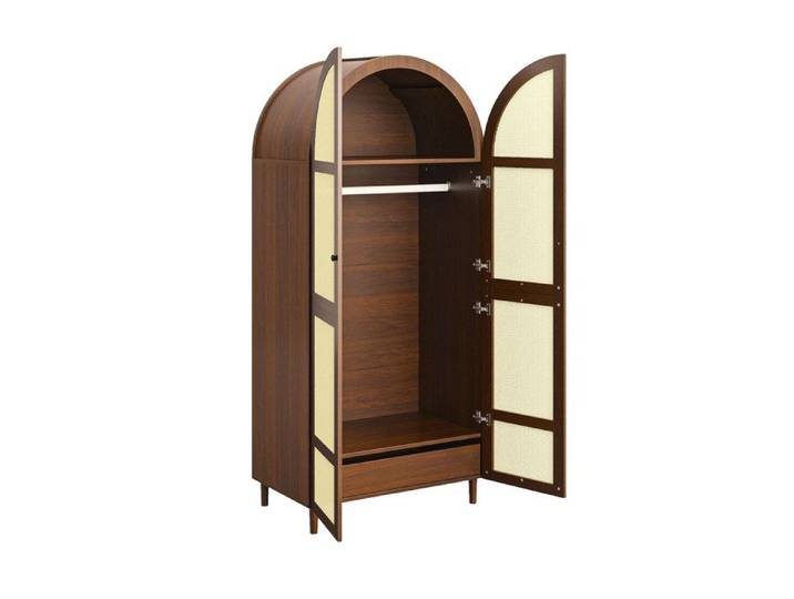 Armoire 2 portes en rotin - Décor noyer - Penderie avec tiroir - 80 x 50 x 179 cm