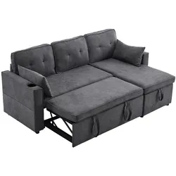 Merax L-Sofa mit Schlaffunktion 211 x 130 x 86 cm, Schlafsofa mit Stauraum, Getränkehalter, Seitentaschen & 2 Kissen, Grau