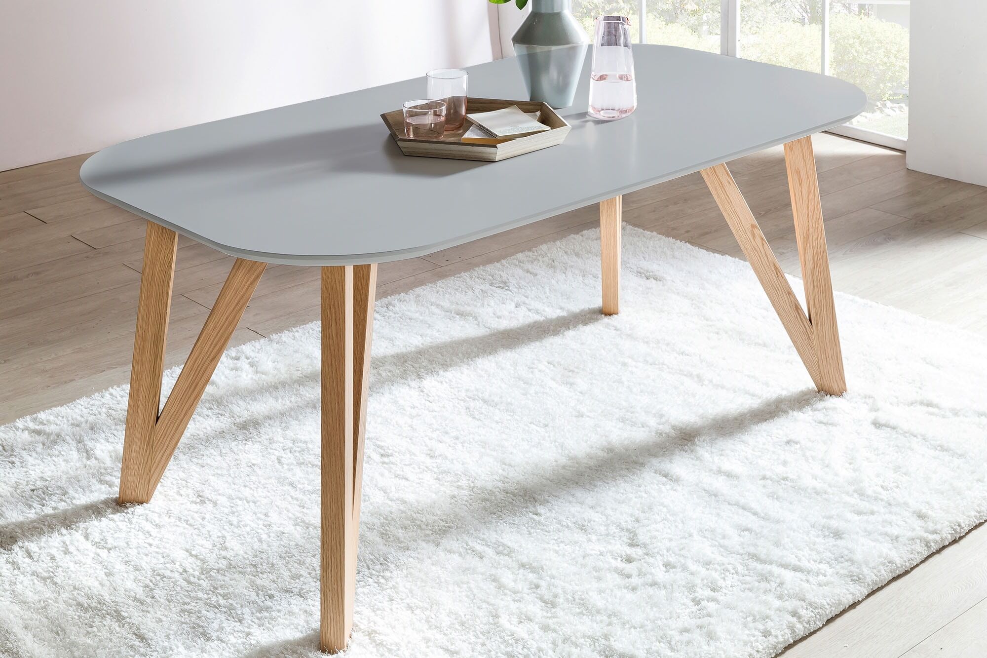 Esstisch SALESFEVER "Solna - Stilvoller Tisch für Ihr Zuhause", grau (grau, natur, grau), B:200cm H:76cm T:90cm, Tische, Esstisch, Massive Eichen-Haarnadelbeine: Natürliches Design-Statement grau, natur, grau B/H/T: 200cm x 76cm x 90cm, 200x90cm