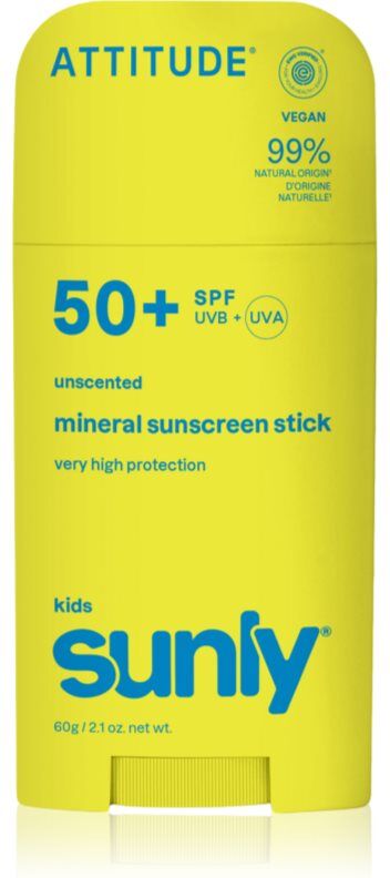 Attitude Sunly Kids Mineral Sunscreen Stick SPF 50+ crème protectrice minérale visage et corps en stick pour enfant 60 g