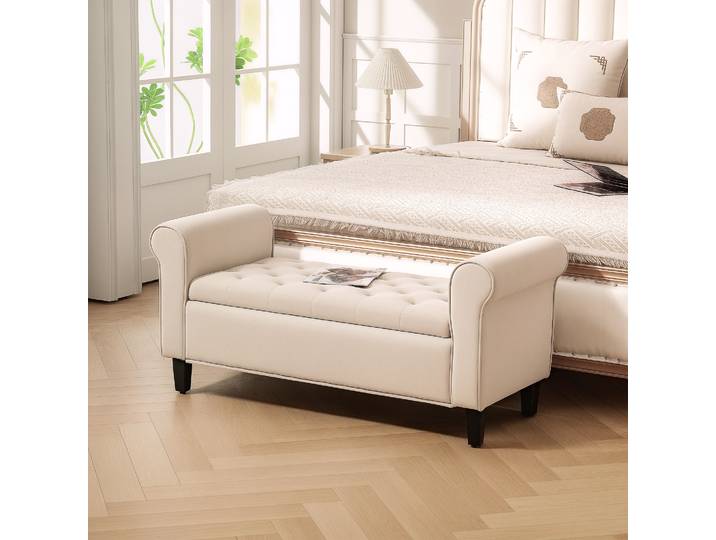 HOMCOM Banc de Lit Velouté Beige avec Rangement 126cm