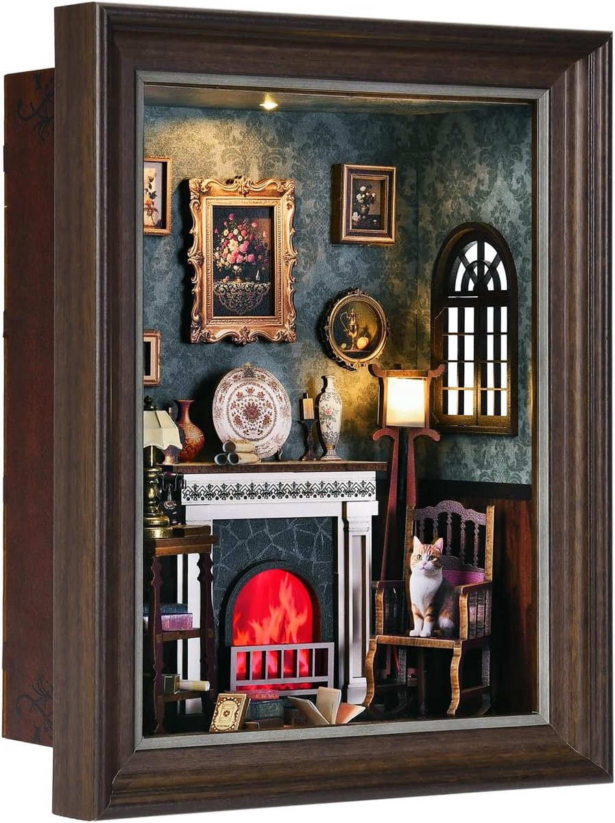 Nook Kit Boekenhoek met fotolijst en 3D-puzzelmodel Fireplace - Doe-het-zelf-bouwpakket voor een miniatuurpoppenhuis als decoratie voor je boekenplank