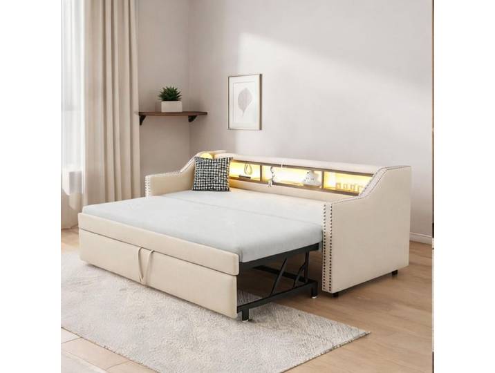 Canapé-lit gigogne beige lin couchage double 180x190 cm coffre intégré LED et USB