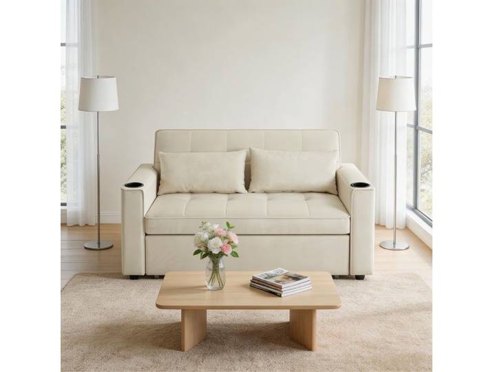 Canapé-lit - 137x76 5x83 cm - Velours beige - Rangement & porte-gobelets - Dossier 3 positions