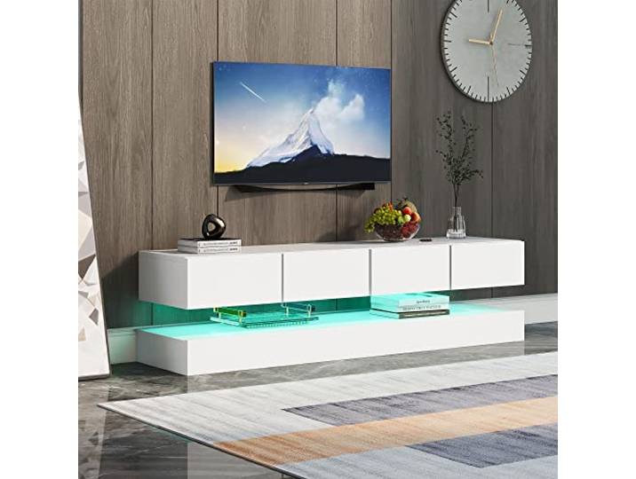 Merax TV Schrank, TV Lowboard Hochglanz mit LED-Beleuchtung, Moderner hängend TV Board und Unterschrank, Fernsehtisch TV Ständer mit Schubladen, TV Möbel für 55 Zoll Fernseher, App-Steuerung, Weiß