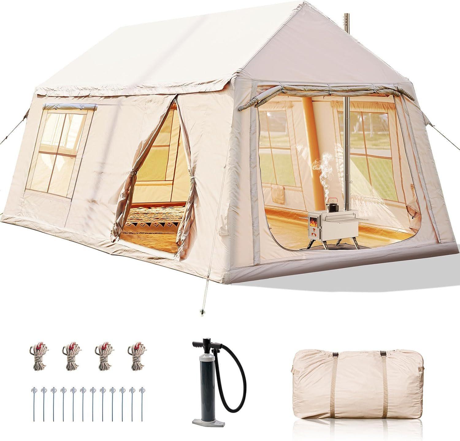 Meulbaty Aufblasbares Zelt mit Luftpumpe & Kaminöffnung - 400x270x200 cm, für 8-10 Personen, wetterfest & UV-Schutz