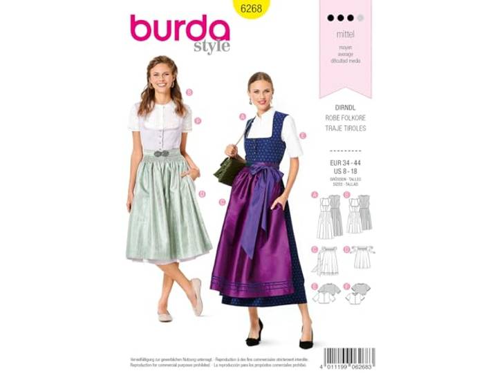 Burda Style naaipatroon B6268 Misses' trui-jurk in folklorestijl, blouse en schort