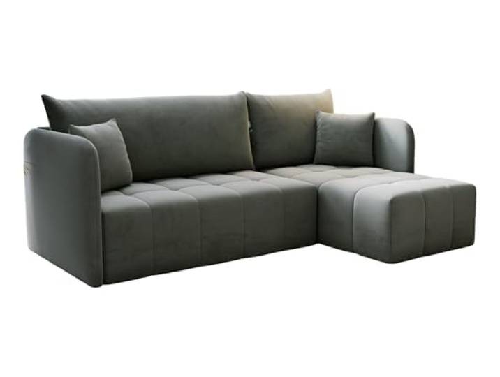 KP-Meble - Ecksofa mit Schlaffunktion Santo, Schlafsofa mit Bettkasten Couch, Wohnlandschaft, Bequemer Sitz - Velourstoff mit dekorativer Steppung - Rechts - Monolith 84 (Grau)