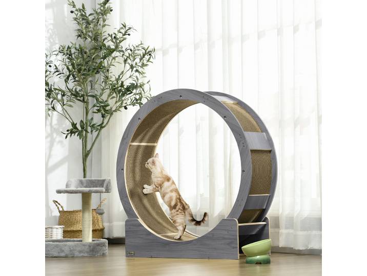 PawHut Roue d'Exercice Chat 91cm avec Frein et Tapis Noyer