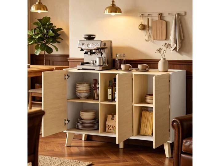 SENVIRO Buffet de cuisine scandinave 120 cm 3 portes naturel et blanc
