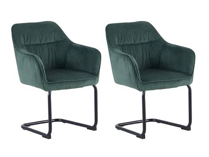 byLIVING ELBA Schwingstuhl 2er-Set, drehbar 180° mit Rückholfunktion Grob-Cord dunkelgrün, Metallgestell schwarz, Armlehnen