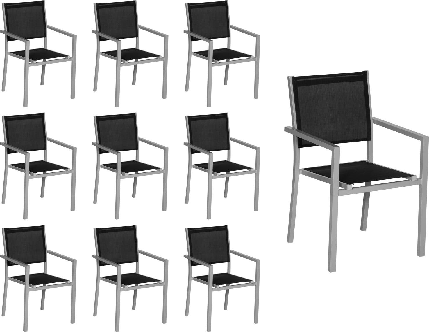 10er Set Stühle aus grauem Aluminium - schwarzes Textilene