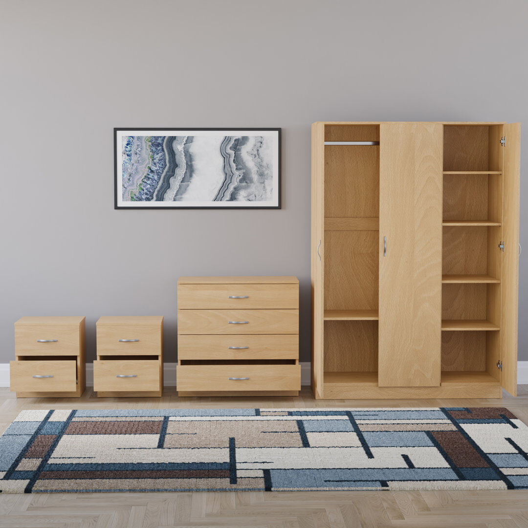 17 Stories Tayce 4 Piece Bedroom Set (2 Drawer Bedside Chest X2, 4 Drawer Chest, 3 Door Wardrobe) Tan