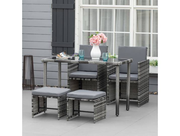 Outsunny Ensemble de salon en rotin synthétique pour 4 personnes, ensemble de mobilier de jardin avec coussins, gris