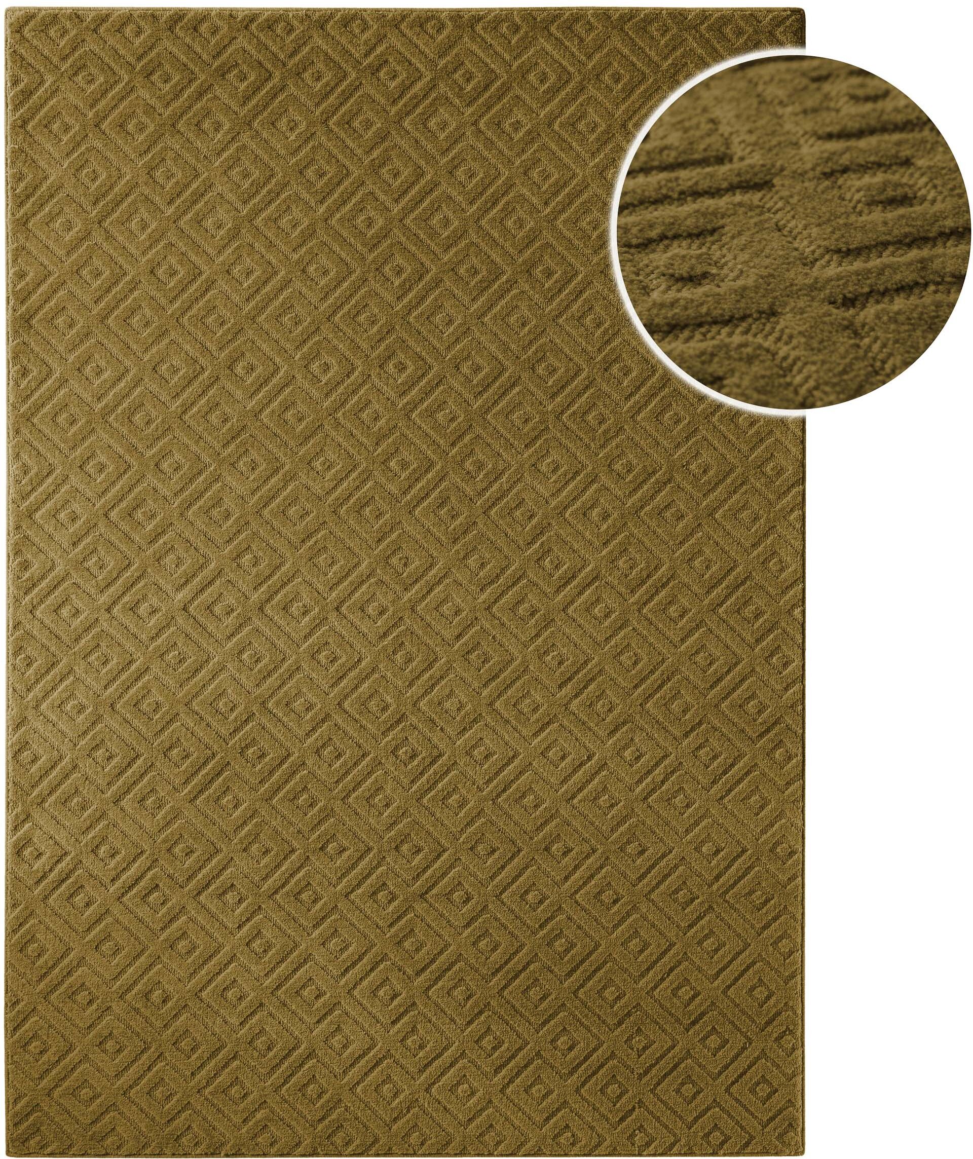 Teppich WECON HOME "Castello TWO", braun (blass grün), B:140cm H:7mm L:200cm, Schurwolle, Teppiche, Teppich, Schurwolle, Kurzflor mit Hoch-Tief-Effekt, Wohnzimmer, Rautenmuster blass grün B : 140cm 1 Stk., 7mm, L: 200cm