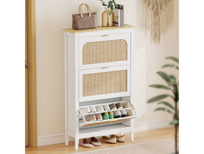 HOMCOM Meuble à Chaussures 21 Paires Rotin Cannage Blanc
