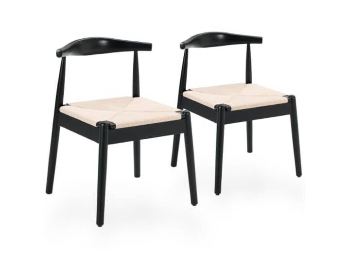 SEEDWAVE Esszimmerstühle 2er Set mit Papierkordel Sitzfläche, Holzstühle Küchenstühle mit Gebogene Rückenlehne, Gummibaumholz Gestell, Nordic Design, Schwarz
