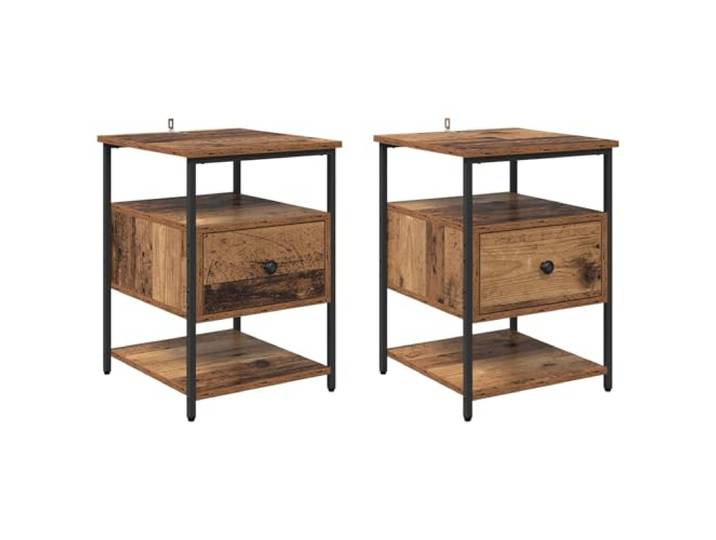 GHVBNMF Nachttisch 2er Set Altholz-Optik 40x42x56 cm Nachtkommode Kompakte Beistelltische fürs Schlafzimmer mit Schublade, offenen Regalen und stabilen Eisenbeinen in Altholz-Optik.