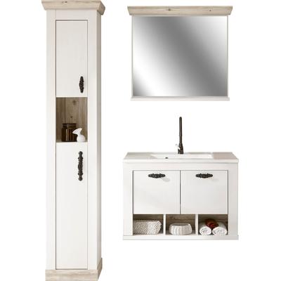 Badmöbel-Set HOME AFFAIRE "Florenz, Bad im Landhausstil, 3-teiliges Badezimmer", weiß (pinie weiß dekor), Kastenmöbel-Sets, Badmöbel-Set, Hänge-Waschtisch, Schrank und Spiegel, in Pinie Weiß, Stauraum