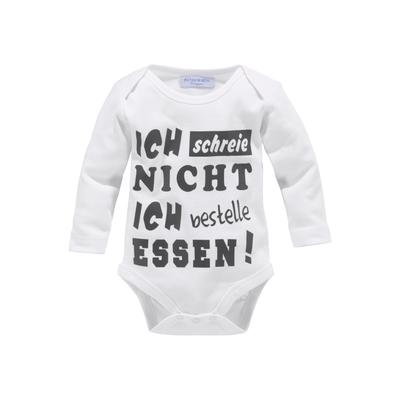 Langarmbody KIDSWORLD "Ich schreie nicht, ich bestelle Essen", Mädchen, Gr. 74/80, N-Gr, weiß, Jersey, Obermaterial: 100% Baumwolle, bedruckt, Basic, Bodys, aus Bio-Baumwolle