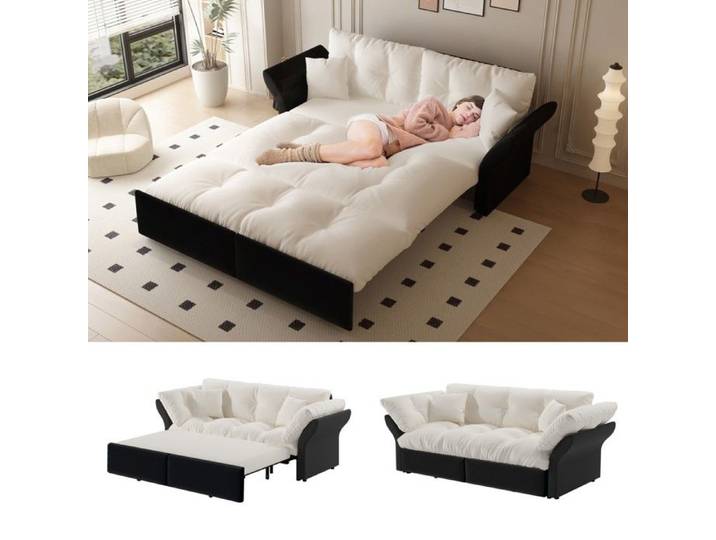 Canapé‑lit convertible - 3-en-1 - Velours beige - Lit Queen 154x203 cm - 2 places