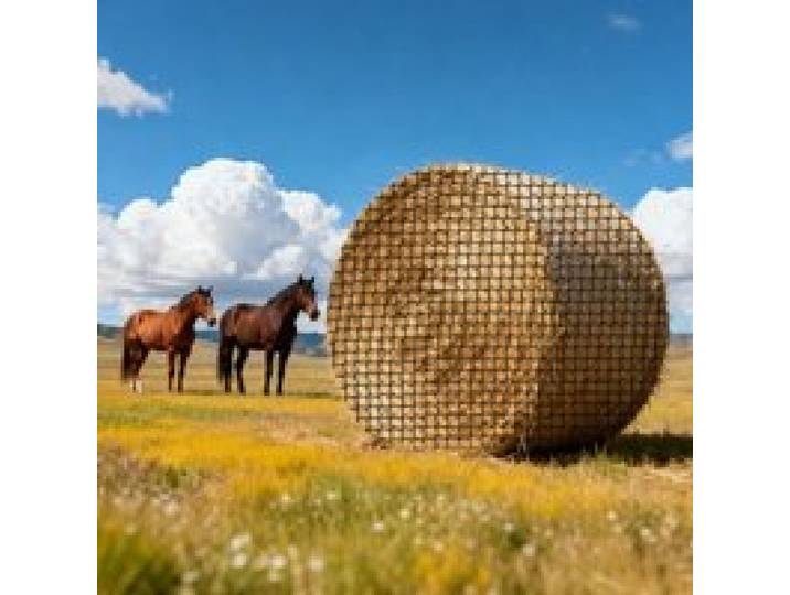 VEVOR Filet à Foin Balle Ronde 1,8x1,8x1,8 m Filet Balle Foin Cheval PE pour Alimentation Lente Chevaux, Maille 3,8 cm sans Nœuds Attaches Autobloquantes Navette Aiguilles Ficelle Réparation et Sac