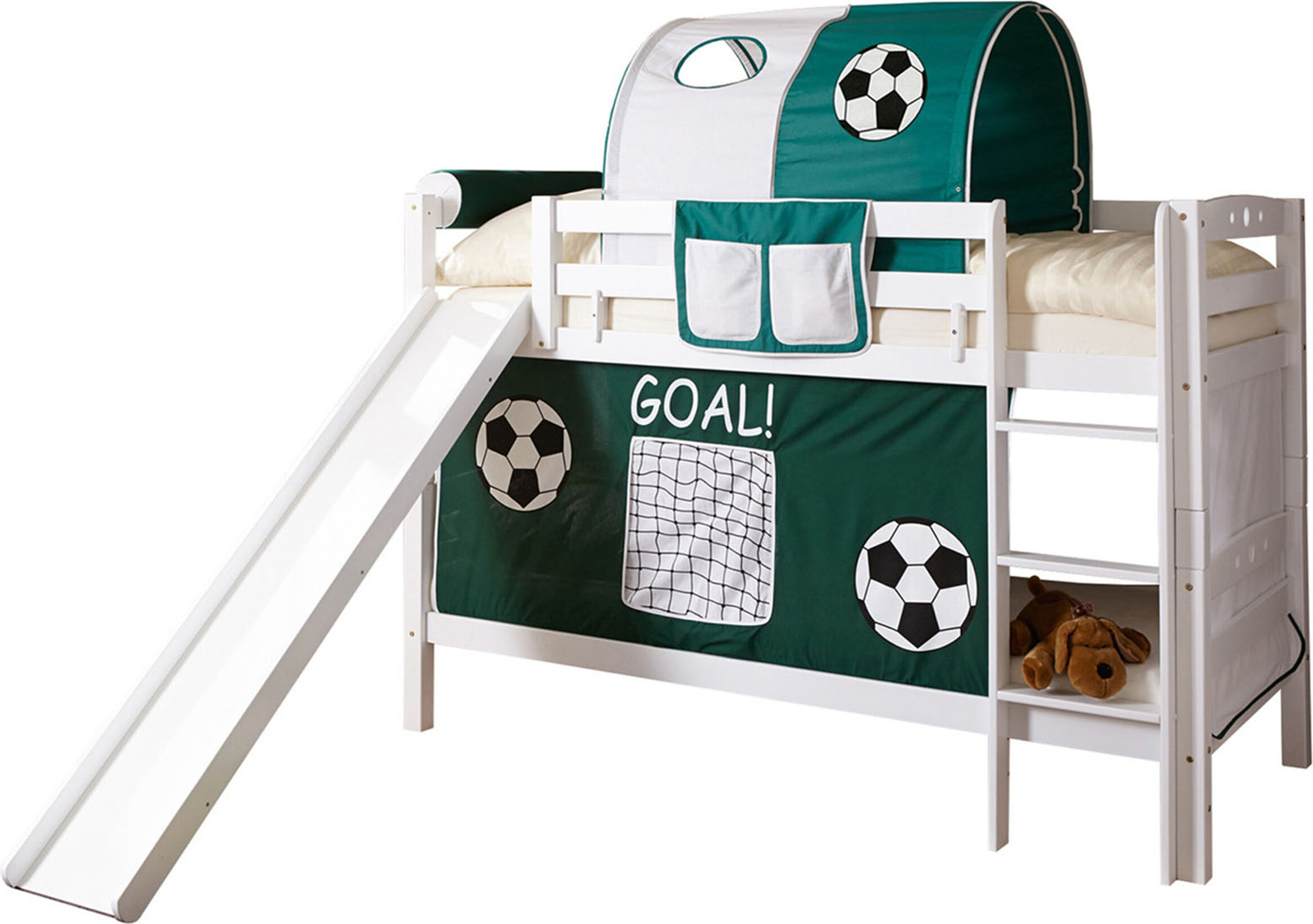 Etagenbett mit Rutsche Doppelbett Lupo Buche massiv Weiss, Vorhangstoff:Goal