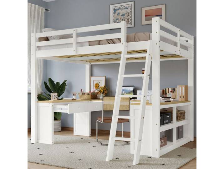 HOMVRA Lit Mezzanine Adulte 140x200 cm - Bureau - Rangements - Barrières de Sécurité - Blanc et Naturel
