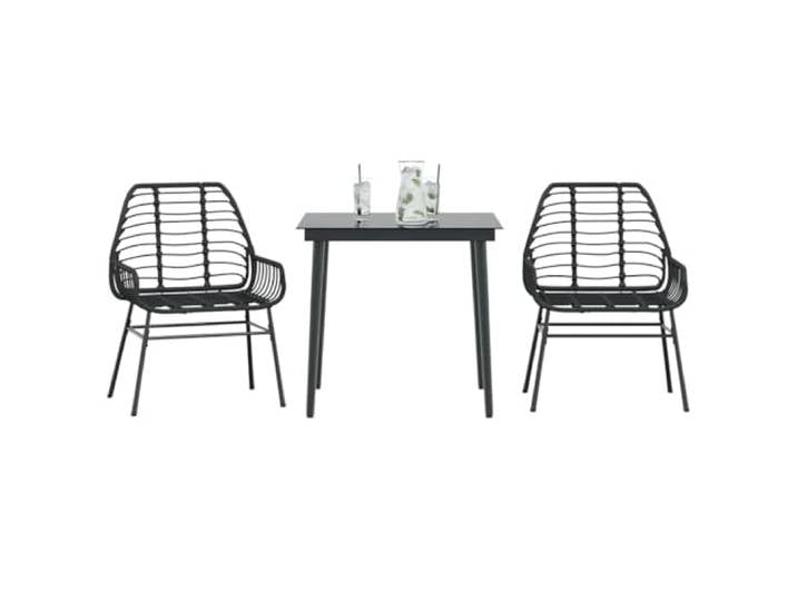 HEFZGDB 3-teiliges Garten-Esszimmerset aus schwarzem Polyrattan mit Glasplatte, wetterfeste PE-Rattan Möbelgruppe für Terrasse und Außenbereich, inklusive Tisch und Stühle