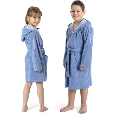 Kinderbademantel KANGAROOS "Dalia, Ideal für Zuhause, Schwimmbad oder im Urlaub" Gr. 140, blau, L:91cm, Veloursfrottier, Hausmäntel, Uni-Farben mit Streifen