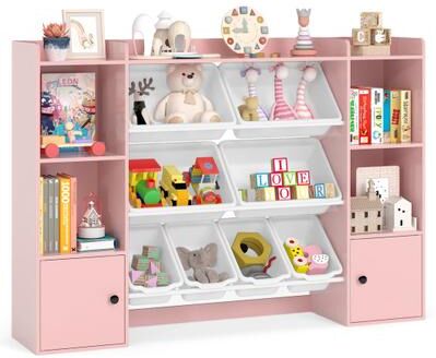 Costway Kids Toy Storage and Bookshelf with Boxes and Open Shelves-Pink