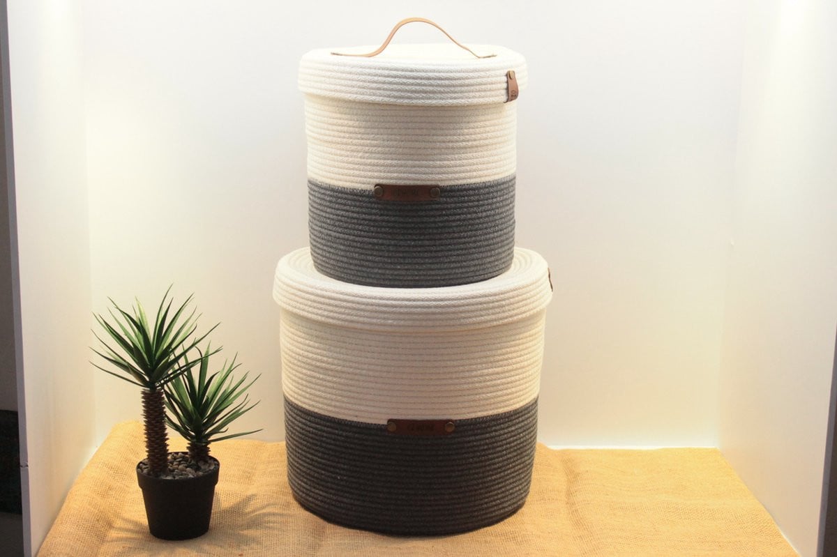 OZ Home Mandenset met deksel en open weefsel, 2-delig, Donkerblauw/Wit