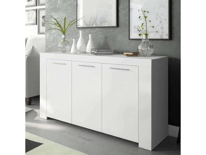 Dmora Sideboard mit drei Türen mit drei Innenregalen, mattweiße Farbe, Maße 144 x 80 x 42 cm